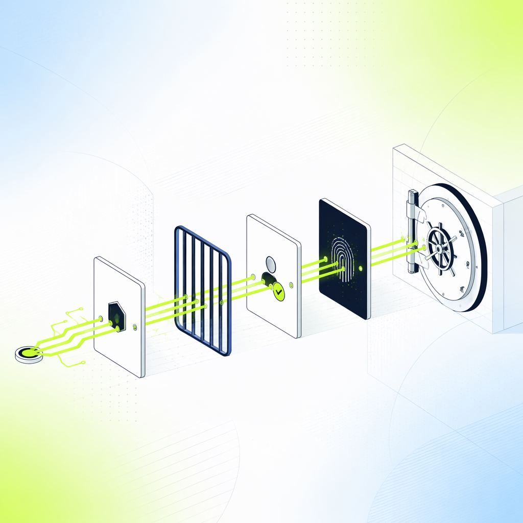 A circuit path passing through a series of physical gates and checkpoints before reaching a vault door.
