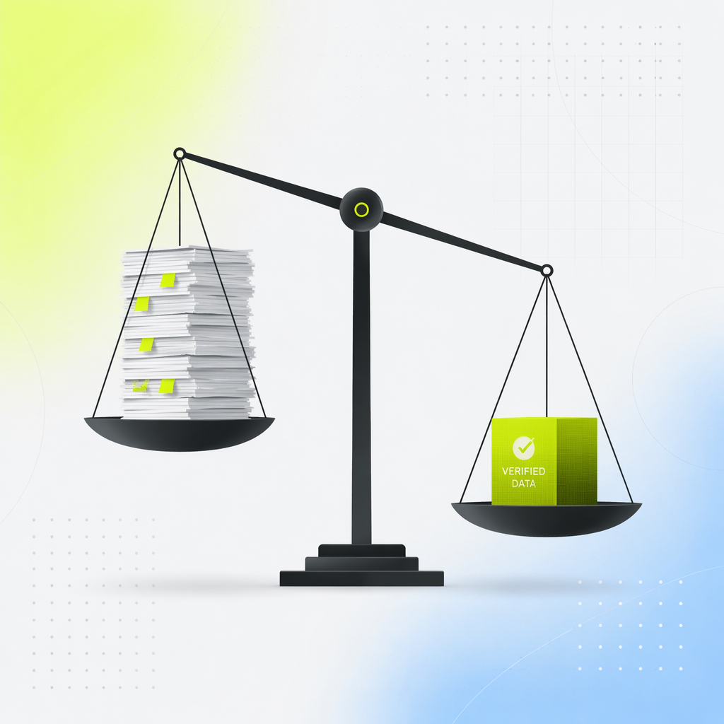 A balance scale weighing a tall stack of paper claims against one small dense cube of verified data, the cube side winning.