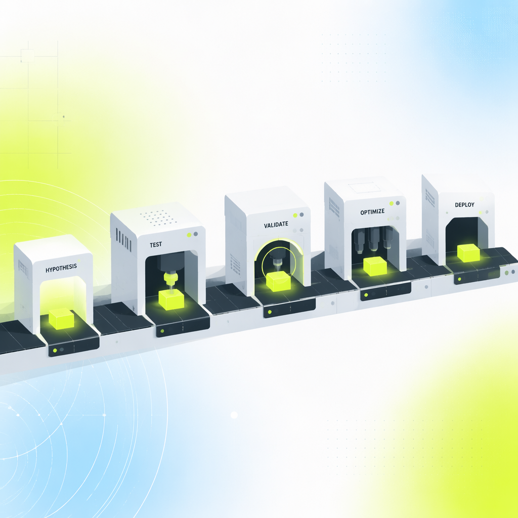 An assembly line of precise machined stations passing a single glowing part from hypothesis to finished product.