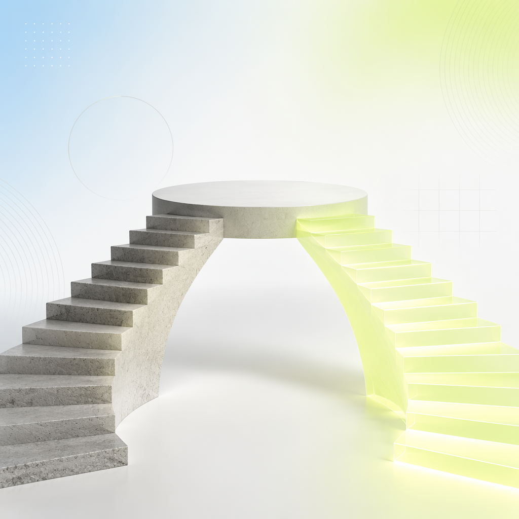 Two staircases converging onto one shared landing, one staircase carved from stone and one made of light.