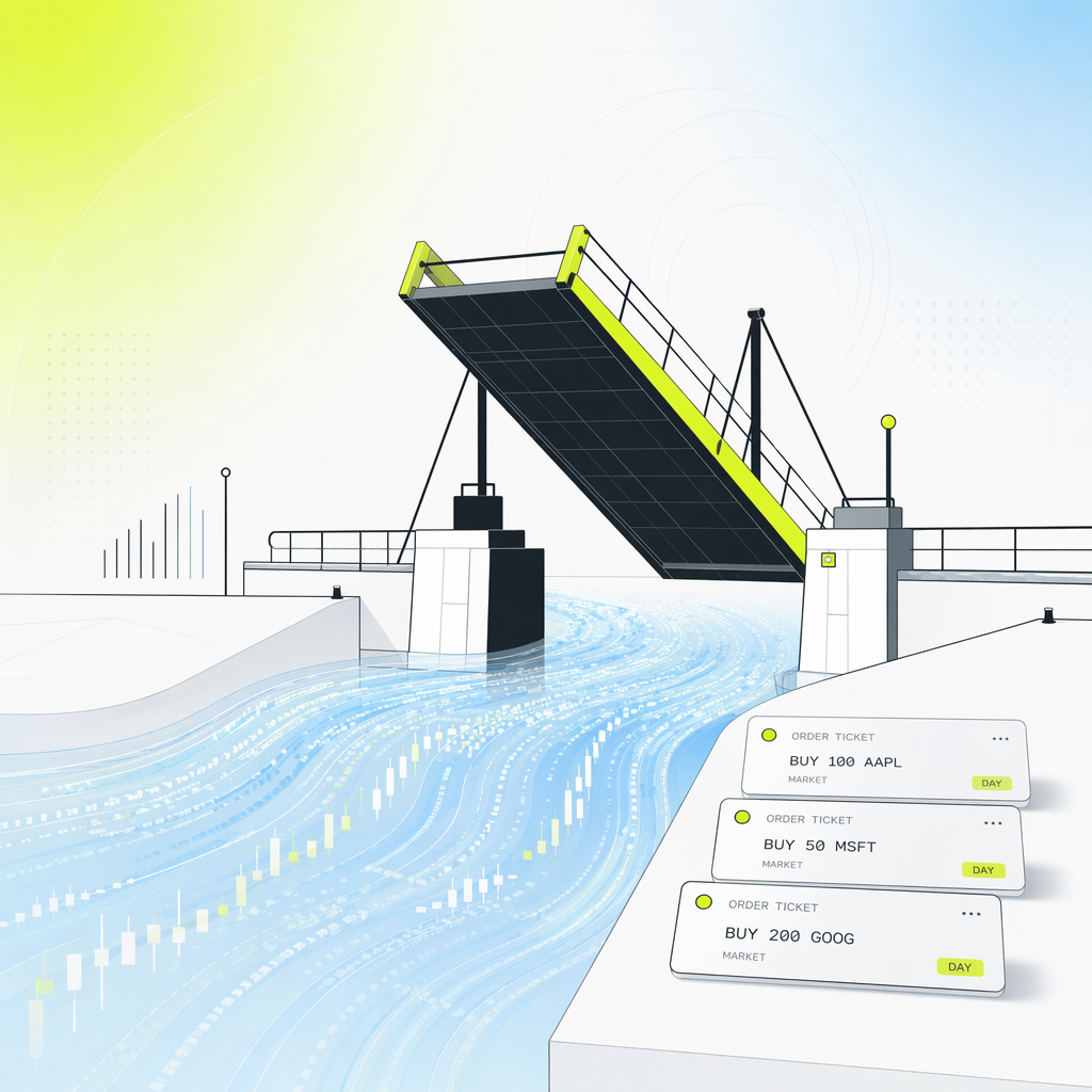 A drawbridge raised over a river of flowing price data with order tickets waiting on the bank, symbolizing orders that cannot cross a closed