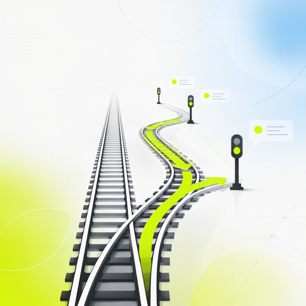 A railway junction where one track is straight and fixed while the other branches and re-forms based on signals ahead.