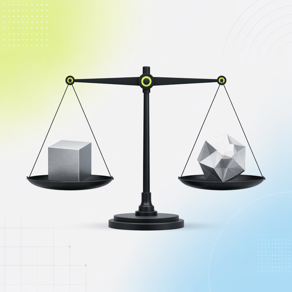 A weighing scale balancing a simple metal cube against an intricate faceted object of equal weight.