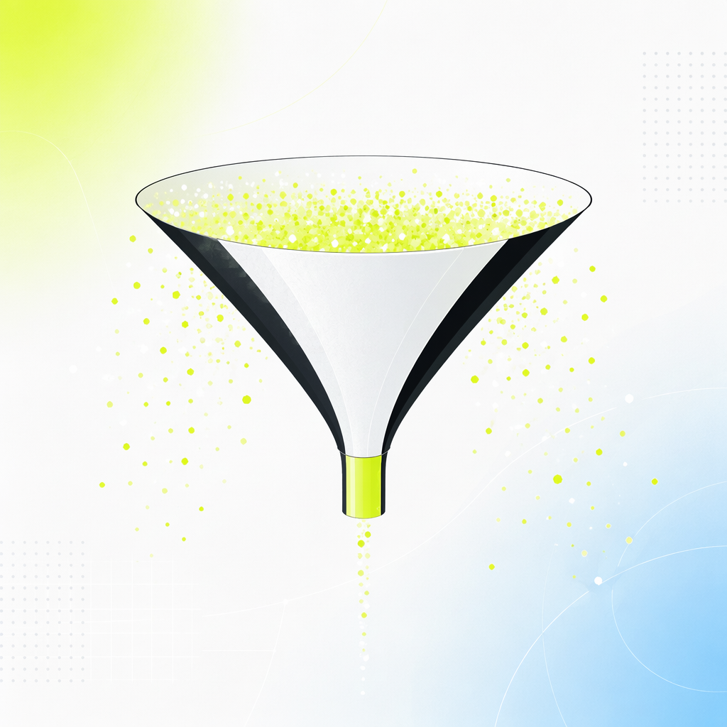 A funnel with a wide glittering top and a narrow honest spout, most of the glitter deflected off the sides.