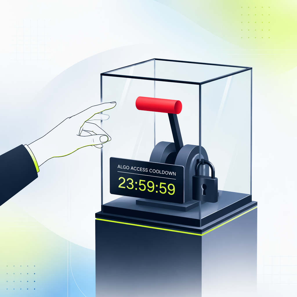 A hand reaching for a big red lever that is enclosed in a locked glass case labeled with a timer.