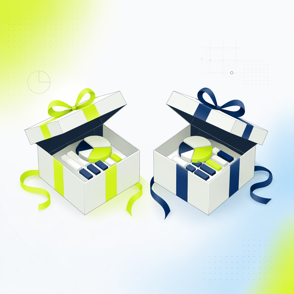 Two different wrapped gift boxes opened to reveal nearly identical contents, symbolizing distinct ETFs holding the same underlying positions