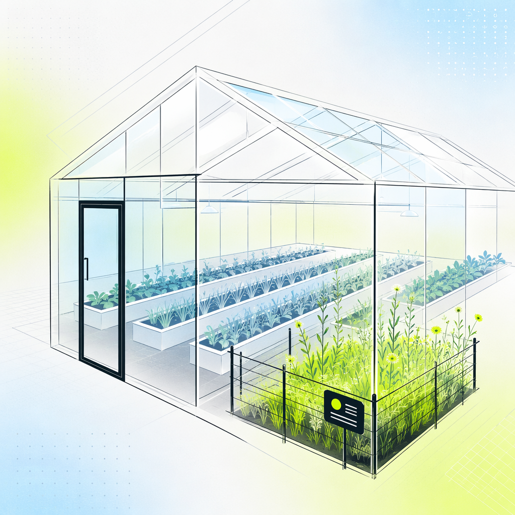 A greenhouse with a small wild garden bed fenced off in one corner of orderly rows, symbolizing a rules-bound satellite beside an untouched 