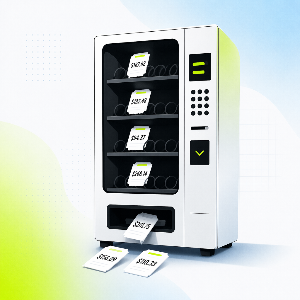 A vending machine dispensing neatly printed price tags with no products behind the glass, each tag crisp and plausible.