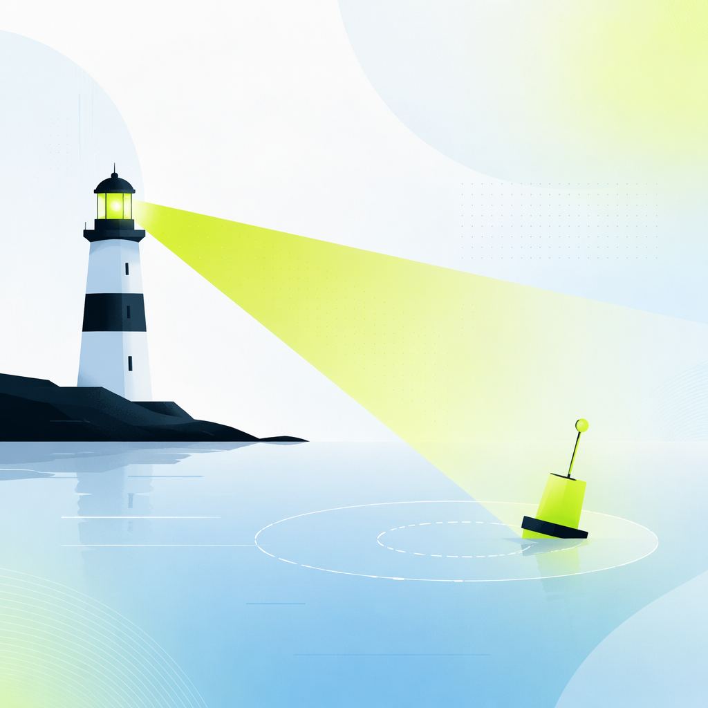 A lighthouse beam sweeping across calm water, illuminating a small drifting buoy that has strayed from its marked circle.
