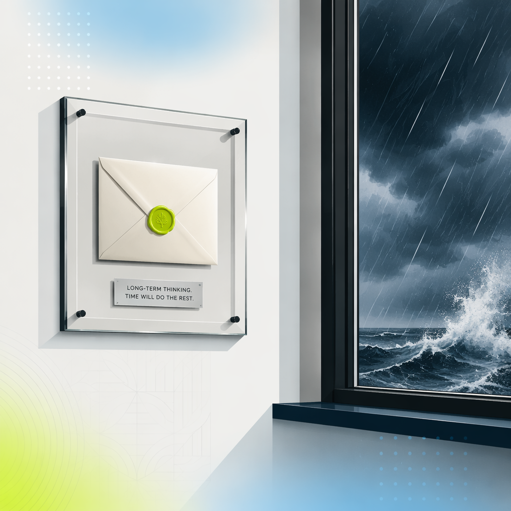 A sealed letter in a glass frame mounted beside a storm window, the storm raging outside while the letter stays untouched.