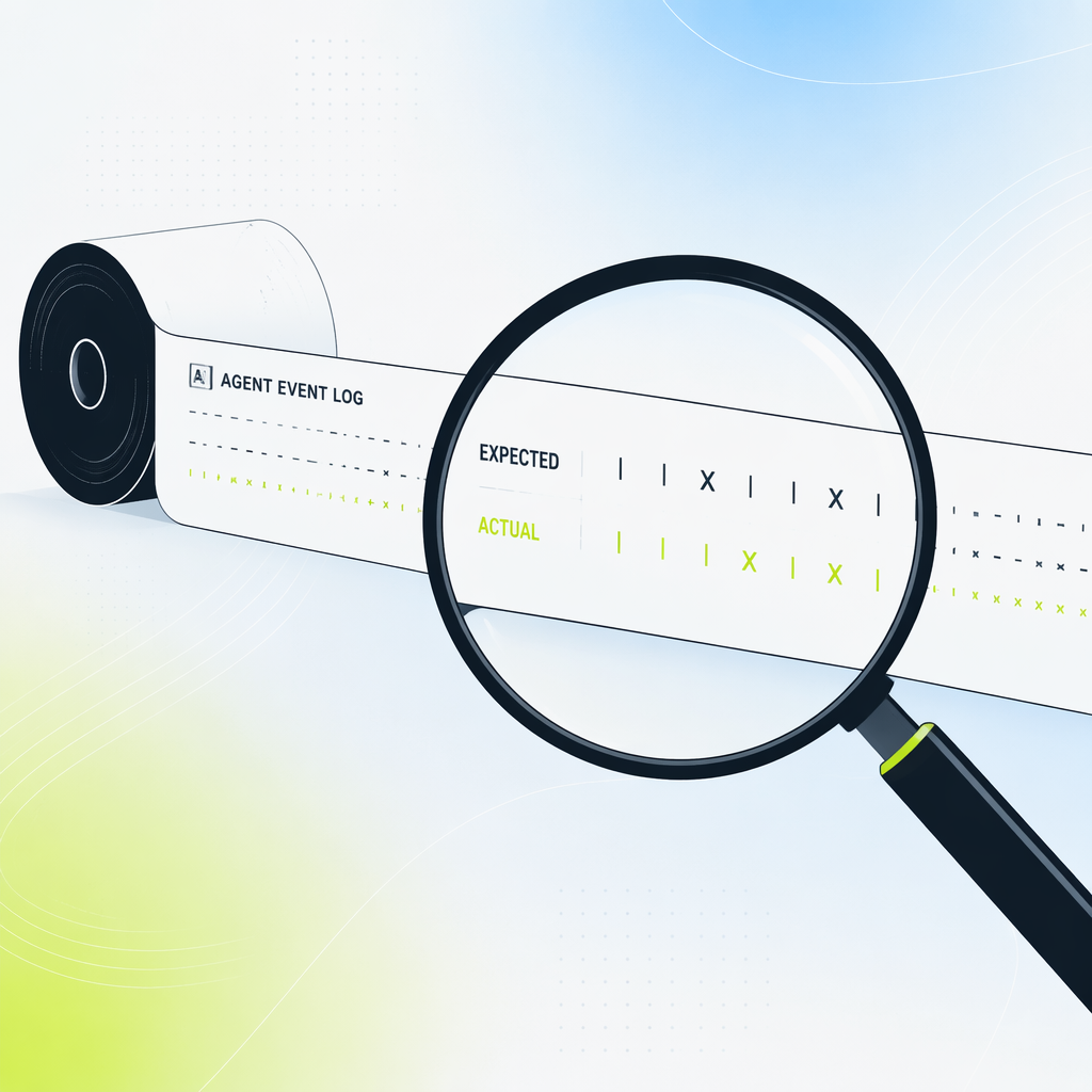 A magnifying glass over a flight-recorder tape, comparing a row of expected event marks against actual ones.
