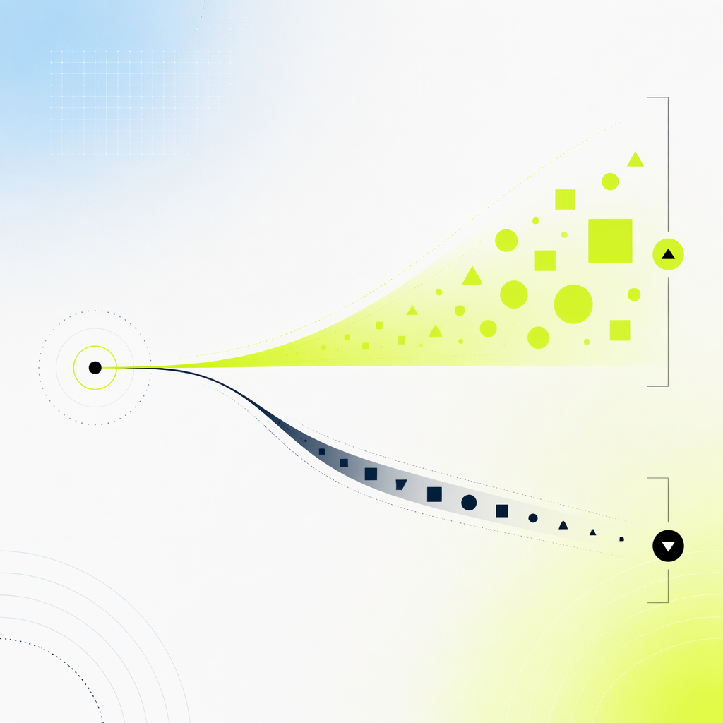 Two diverging paths from a single starting point, one swelling wide and one narrowing, showing how equal allocations drift apart over time.