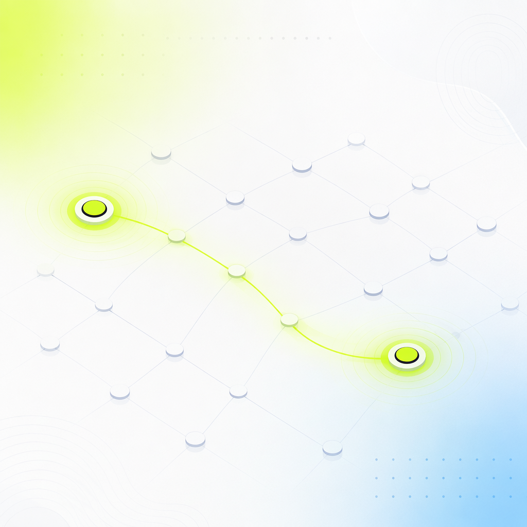 A lattice of connected nodes where two distant nodes slowly draw together, evoking correlations converging beneath a stable surface.