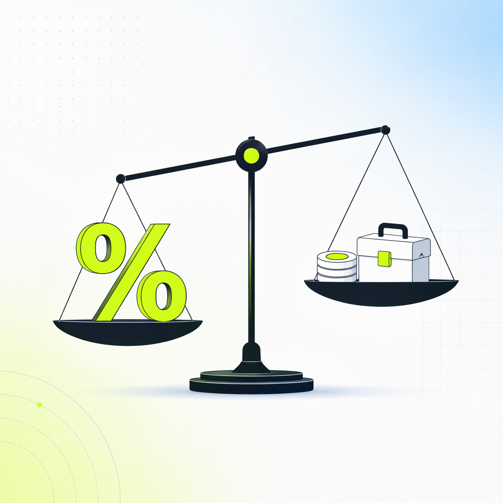 A balance scale weighing a large percentage symbol against a small stack of usage tokens and a toolbox.