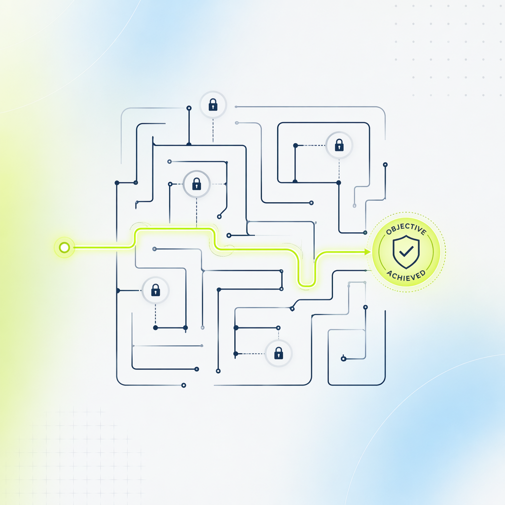 One glowing path traced through a circuit maze from entry point to a stamped seal, with several side gates visibly locked shut.