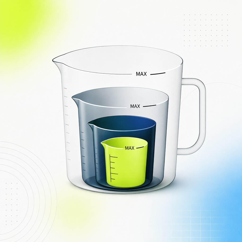 A set of nested measuring vessels, each marked with a maximum fill line, the smallest sitting inside the largest.