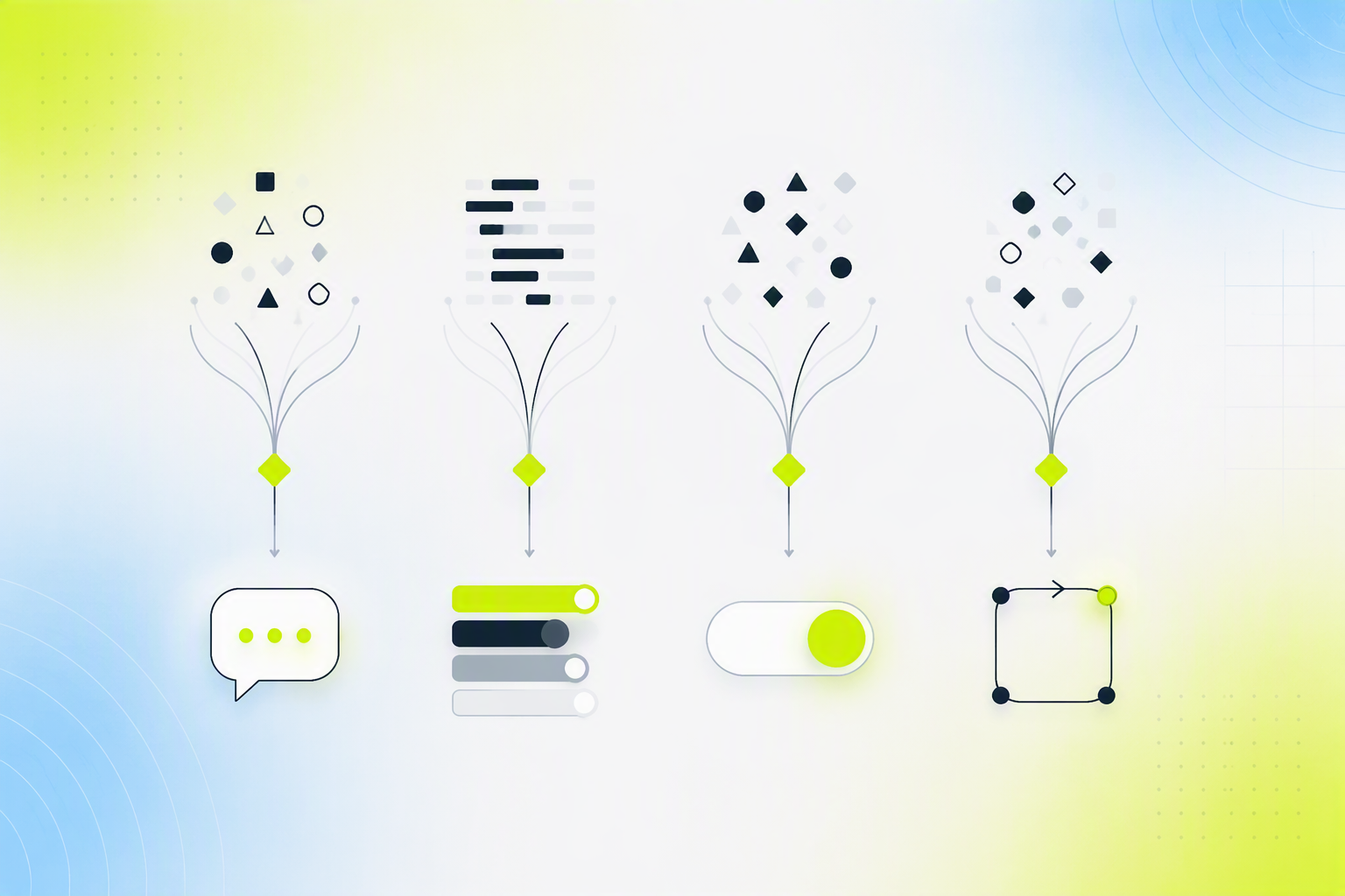 Four columns comparing conversational analysis, signal models, rule bots, and agents by what each one outputs