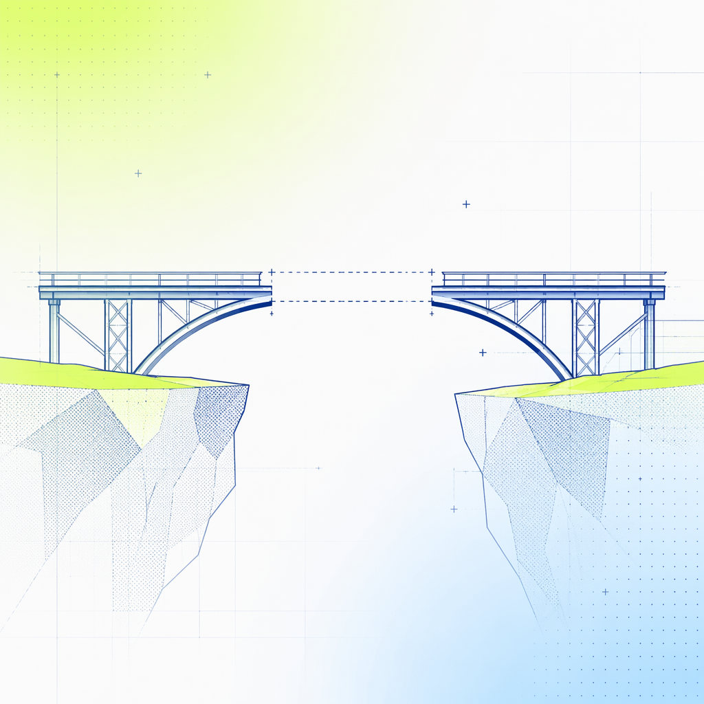 A blueprint of a bridge missing its middle span over a chasm, symbolizing a strategy deployed without its testing section.