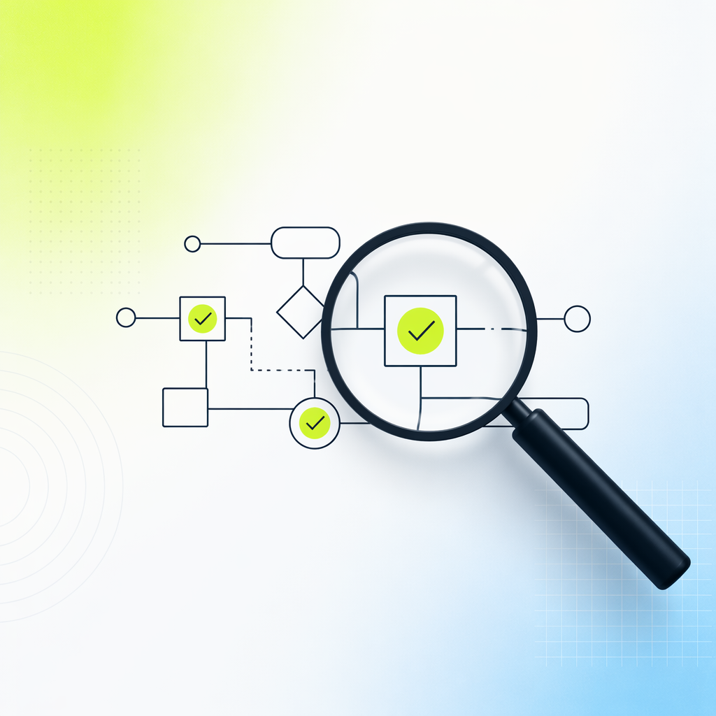 A magnifying glass held over a flowchart of connected nodes, several nodes bearing check marks, symbolizing supervision of an automated proc