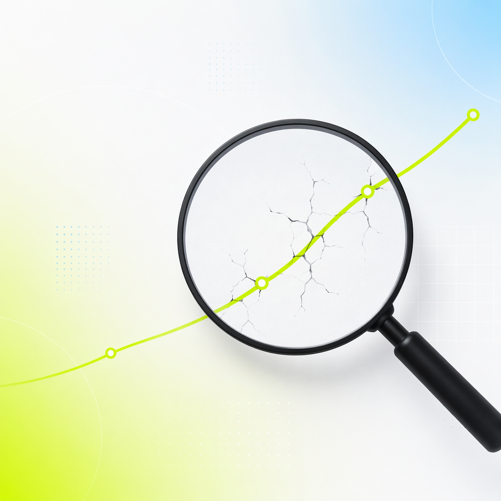 A magnifying glass held over a flawless upward curve, revealing hairline cracks running through the line under magnification.