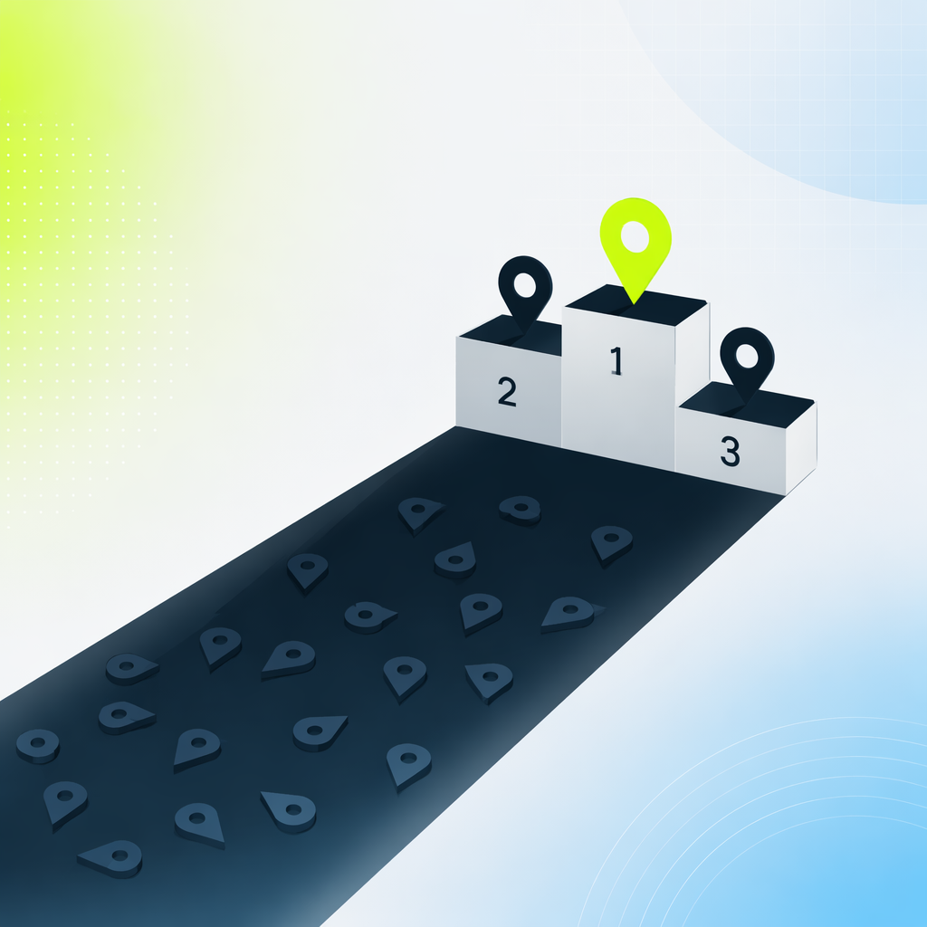A podium leaderboard casting a long shadow that contains many small capsized markers hidden behind the winners.