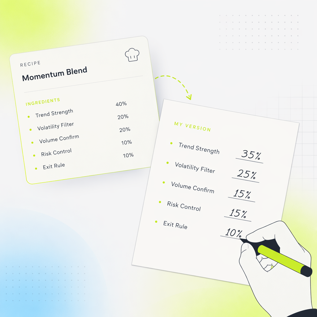 A recipe card being copied onto a fresh sheet where several ingredient quantities are being rewritten by hand.