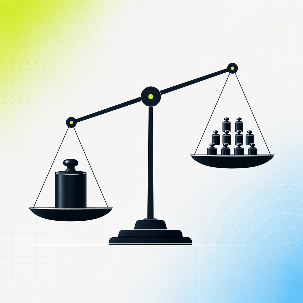 A single large weight on one pan versus many small weights accumulating on the other pan of a scale, evoking the lump-sum versus gradual tra
