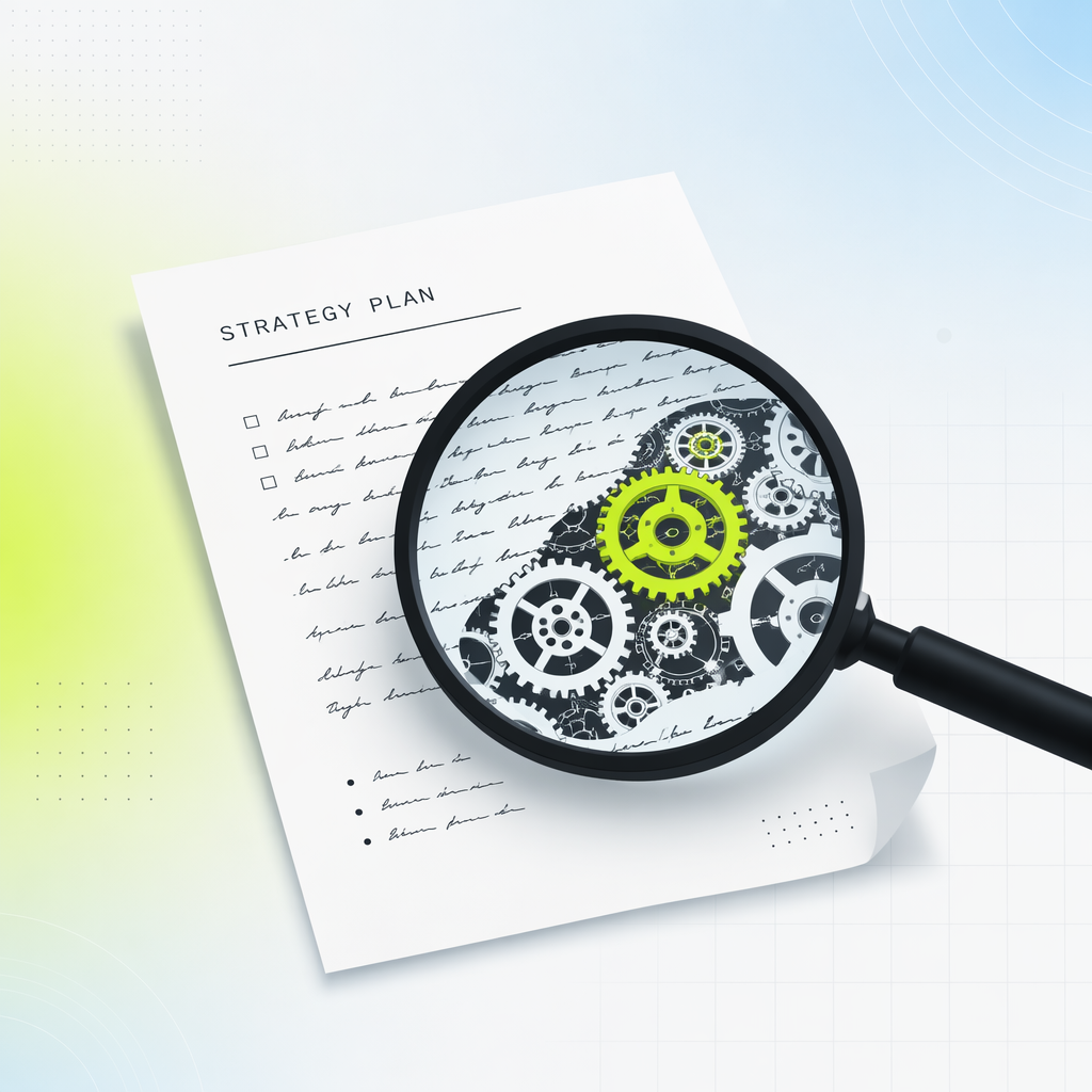 A strategy document under a magnifying glass that reveals precise gear teeth hidden inside the handwriting.