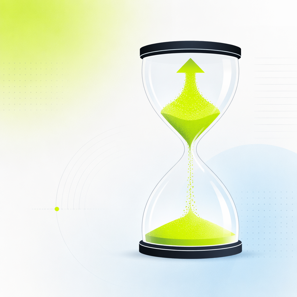 An hourglass in which sand streams upward into the top chamber, evoking information flowing backward in time.
