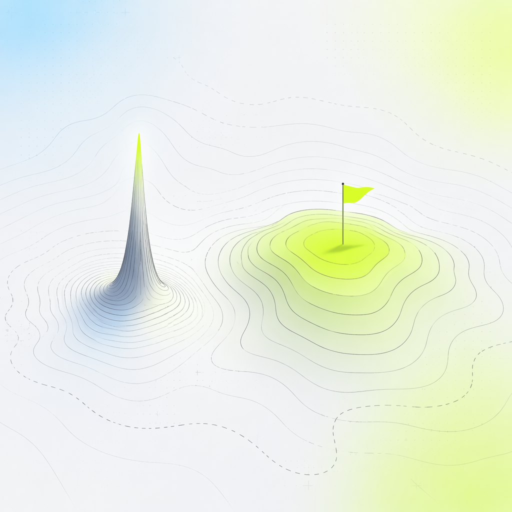 A topographic map contrasting a single needle-thin spike with a broad flat plateau, a small flag planted on the plateau.