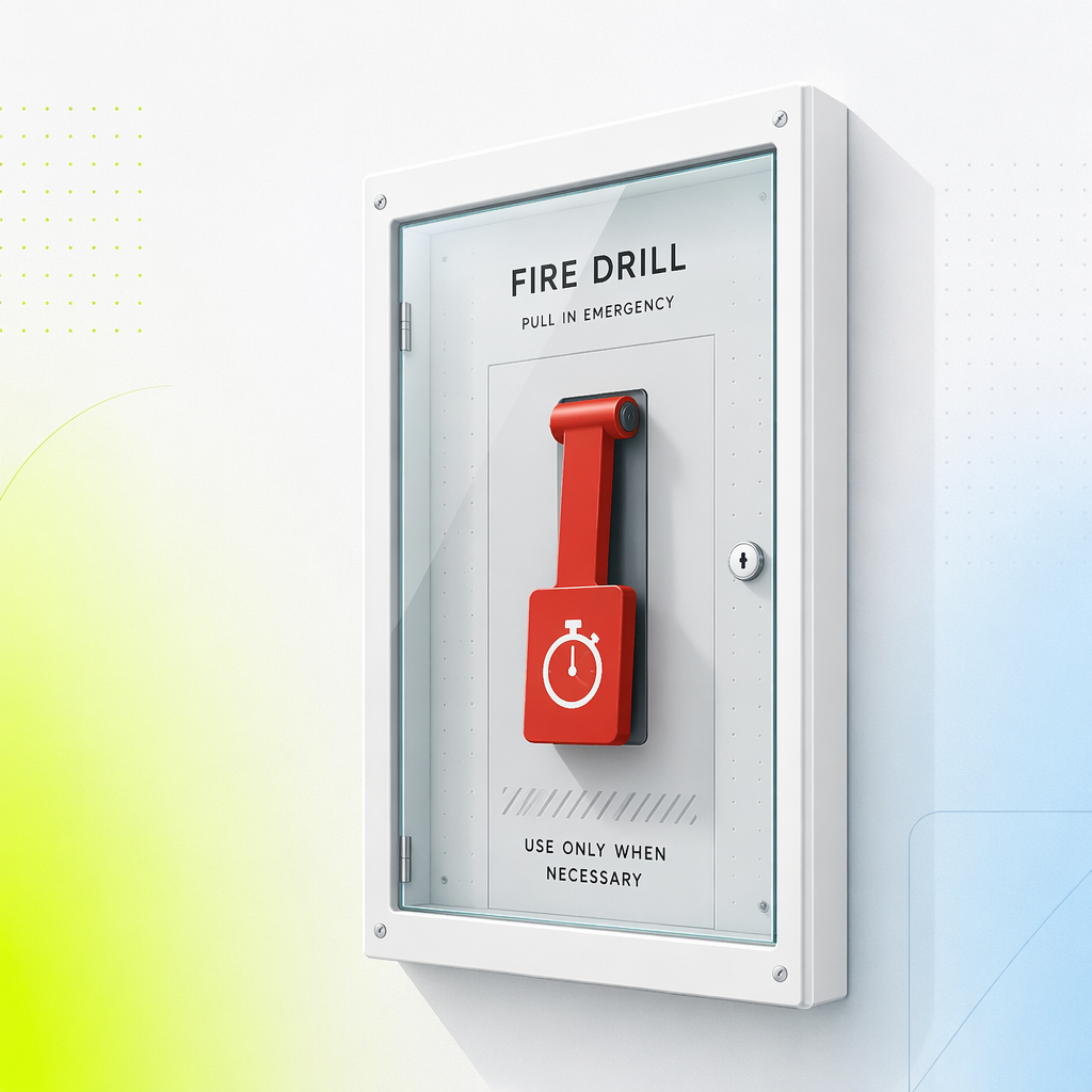 A fire-drill wall panel behind glass containing a single red lever labeled with a stopwatch.