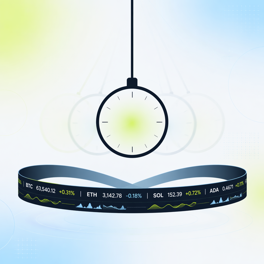 A pendulum clock with no hands swinging above a continuous ticker ribbon that loops back into itself, symbolizing a market with no open and 
