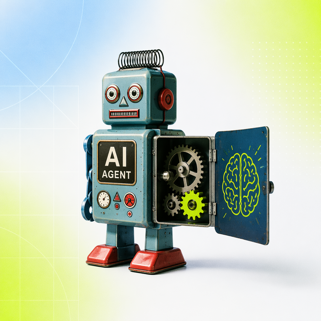 A vintage robot toy with a painted-on brain panel that opens to reveal simple clockwork gears, symbolizing AI branding wrapped around a mech