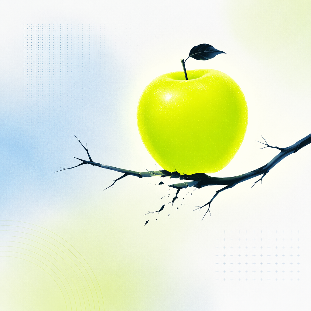 An oversized, brilliantly glowing fruit on a thin cracked branch, evoking a yield that looks generous because something underneath is breaki