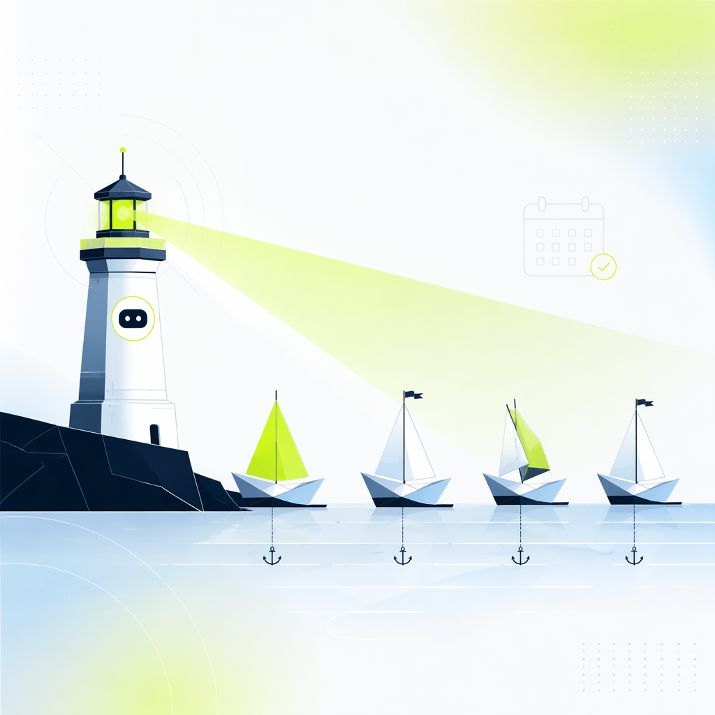An automated lighthouse sweeping its beam across a row of anchored paper boats, some boats reefing their sails as the light passes, evoking 