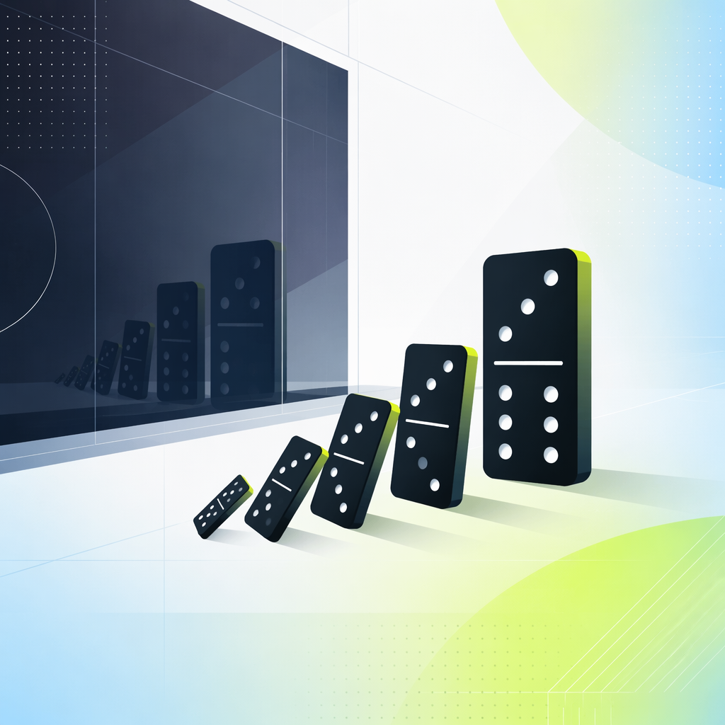 A row of falling dominoes reflected in a dark window, each domino larger than the one before it.
