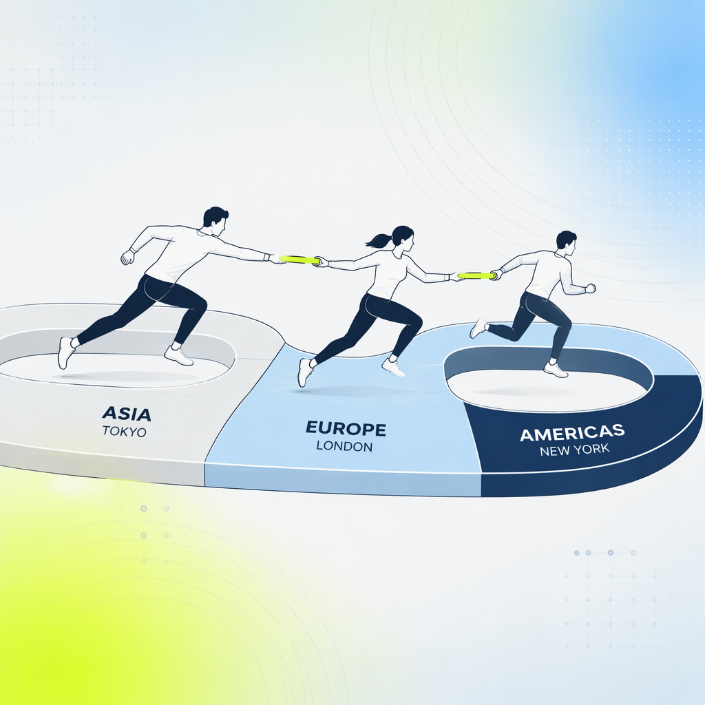 A relay baton passing between three runners' lanes drawn as time zones on a continuous looping track.