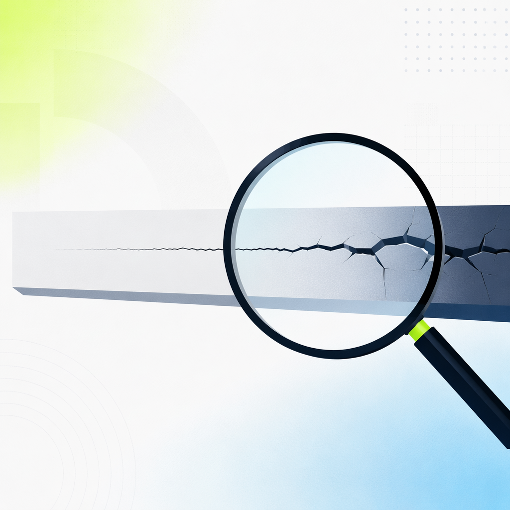 A magnifying lens over a hairline crack in a beam, with the crack widening dramatically on the far side of the lens.
