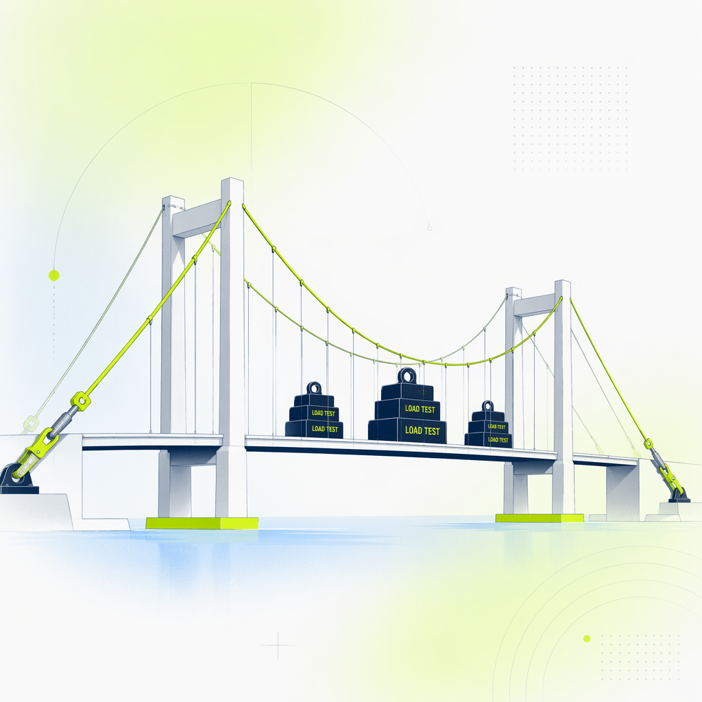 A suspension bridge under load test, weights stacked on it before any traffic crosses, cables and anchor points highlighted.