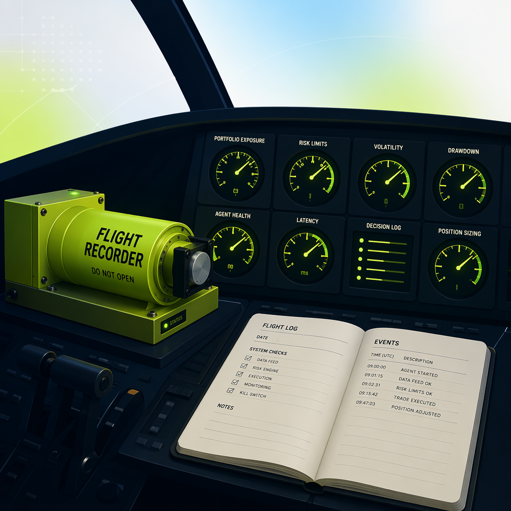A flight recorder and instrument panel glowing inside a dark cockpit, every dial labeled and a paper logbook open beside them.