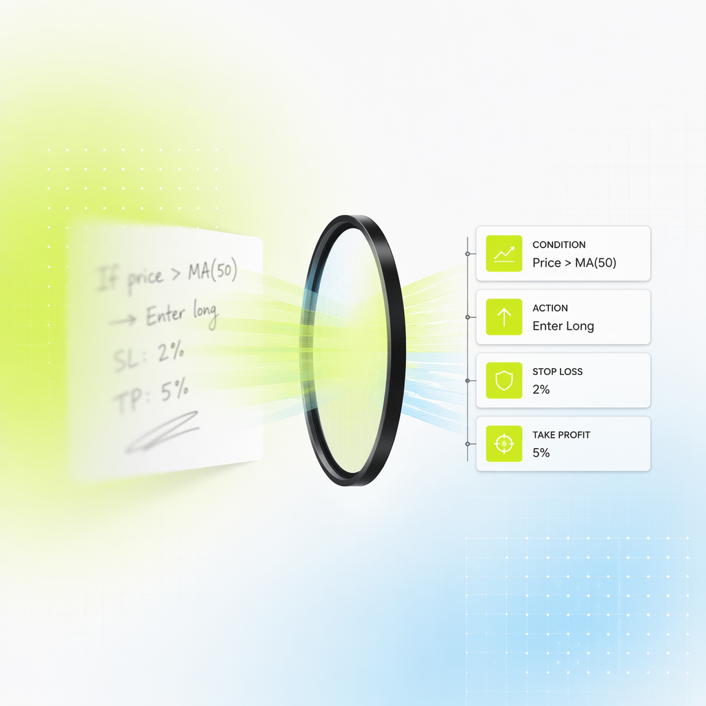 A blurred handwritten note passing through a lens and emerging on the other side as sharp geometric rule blocks.