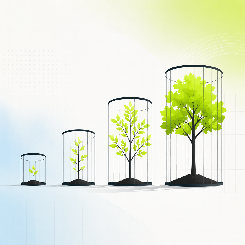 A small sapling growing inside a protective cage, beside a row of progressively larger trees in larger cages.