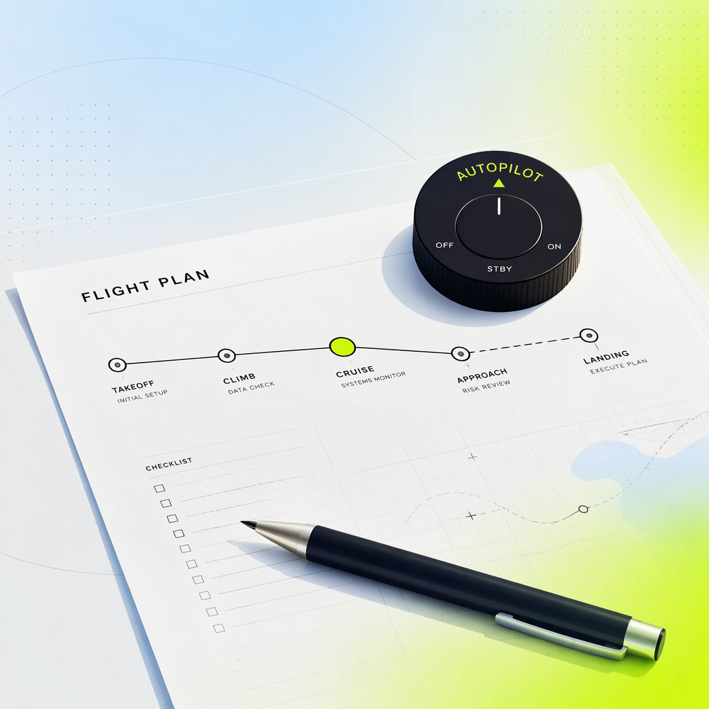 A paper flight plan on a desk with a pen resting on it, and a small autopilot dial sitting on top of the page like a paperweight.