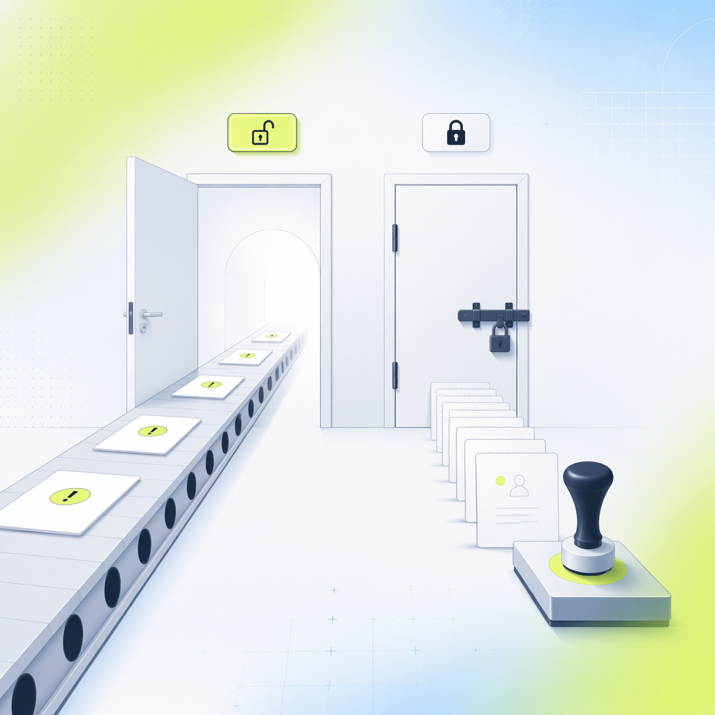 Two doors side by side, one wide open with a conveyor belt running through it unattended, the other bolted with a queue of cards waiting at 