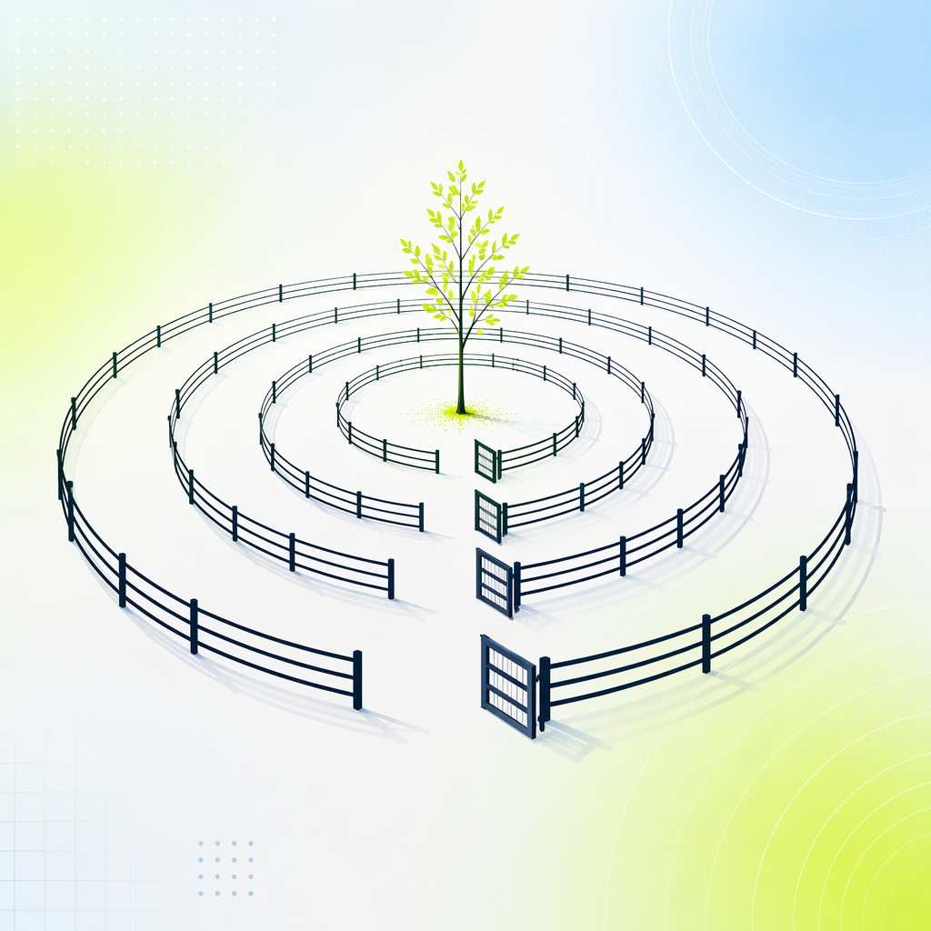 Five concentric fences around a single young tree, each successive gate standing wider open.