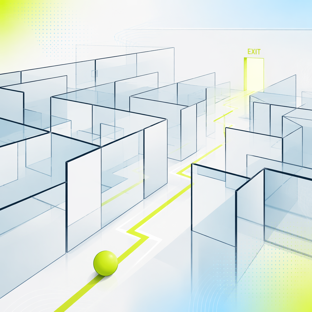 A mirror maze where a single path reflects into many false corridors, one marked exit lit at the far end.