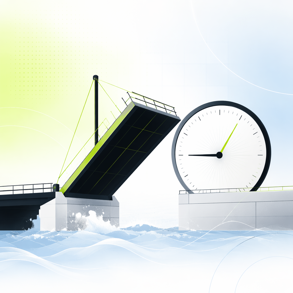 A drawbridge raising itself over turbulent water, timed by a large clock face beside it.