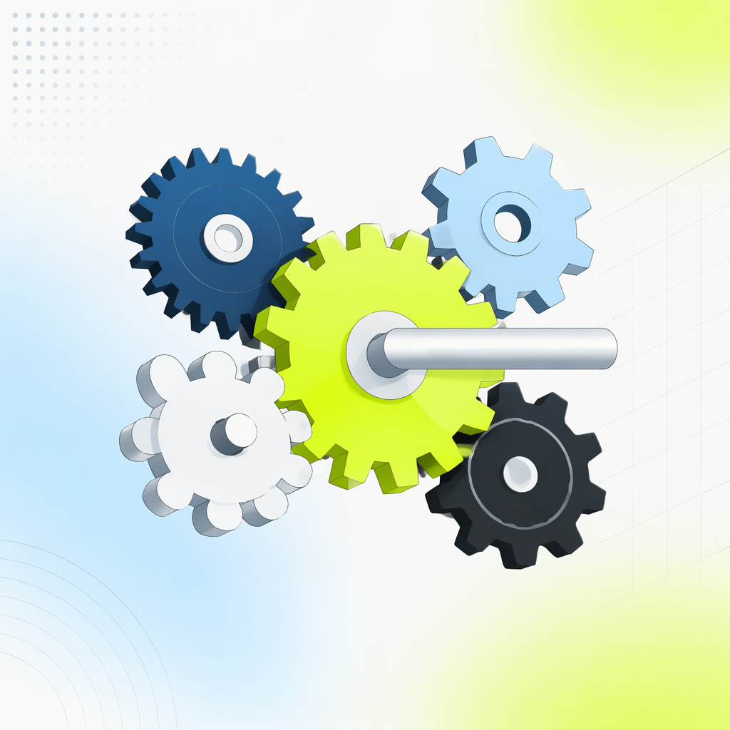 Interlocking gears with visibly different tooth patterns all driving one central shaft.