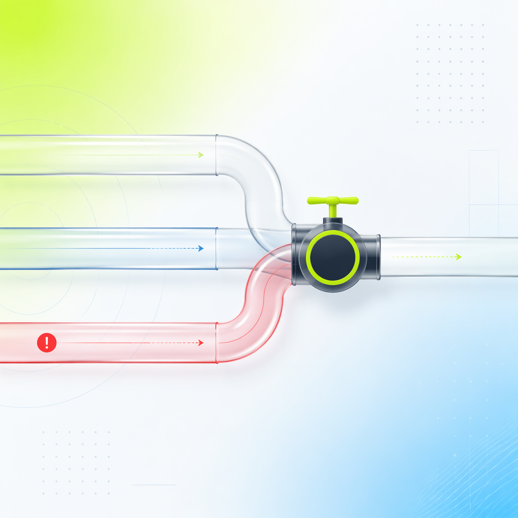 Three transparent pipelines converging on a single valve, one pipeline rendered in warning red as the hard stop.