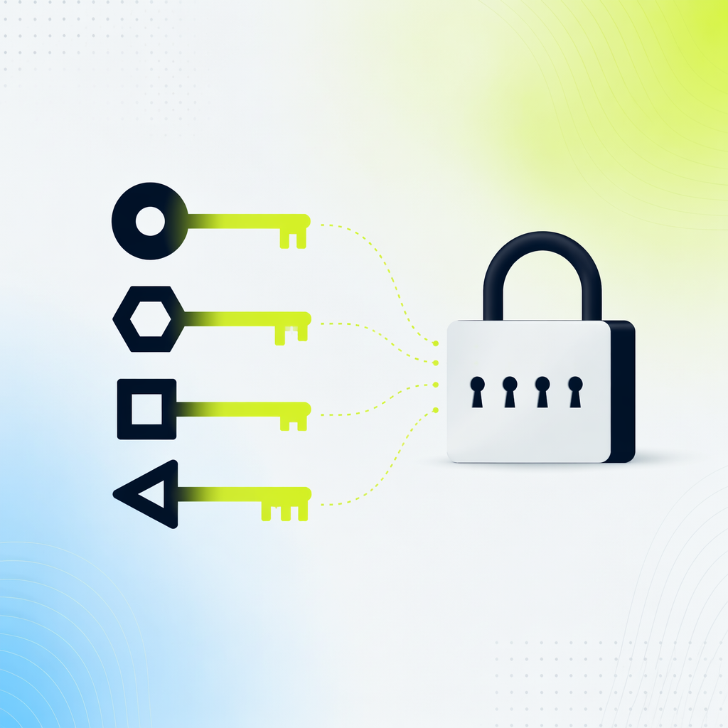Four differently shaped keys converging toward a single lock with multiple keyholes arranged in a row.